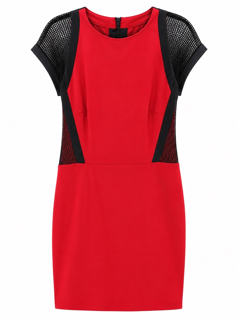 Cache Red Midi Sheath Dress with Black Mesh Trim